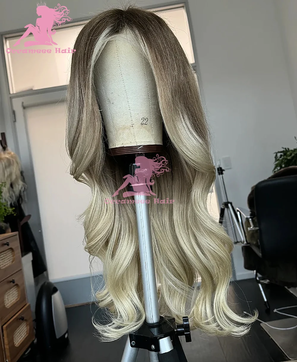 Ash Blonde 13x6 Lace Frontal Wig Human Hair Natural Wave Transparent Lace Highlights Dark Brown Roots Preplucked 613 colored wig