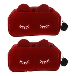 2Pcs Handheld Makeup Pouches Cat Design Zipper Pen Bags Lovely Travel Wash Bags