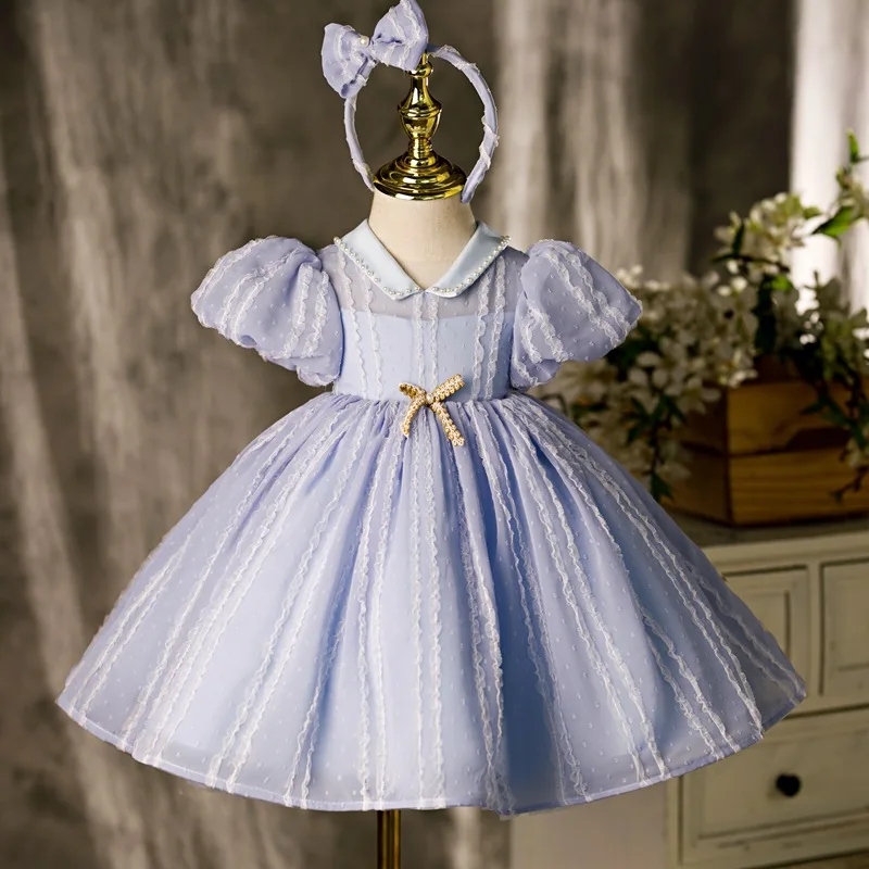 

High-end Flower Girls Evening Gown Lace Bow Beading Design Spanish Vintage Children Birthday Party Dresses for Girls Easter Eid