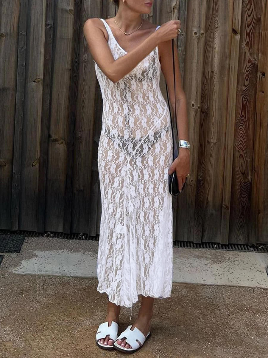 

New Fashion Women Sleeveless Tank Dress Summer Casual Backless Sheer Lace Party Dress For Club Streetwear Hot Sale S-XL