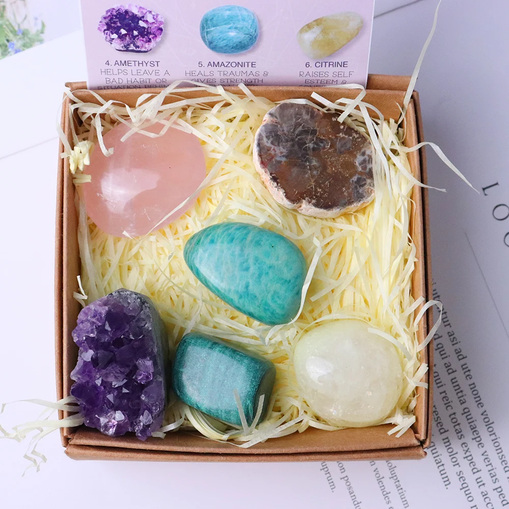 6-teiliges natürliches Kristall-Set für Angstzustände, Stress, Energie, Quarz, Heilung, Edelstein-Dekoration, verbessert die Gesundheit, Geschenk – Detail 27