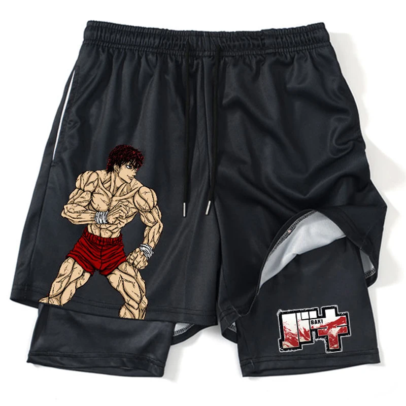 

Hanma Baki Anime Gym Shorts Black for Men 2 In1 Mesh Quick Dry Board Shorts Mens Bodybuilding Fitness Running Short Pants Summer