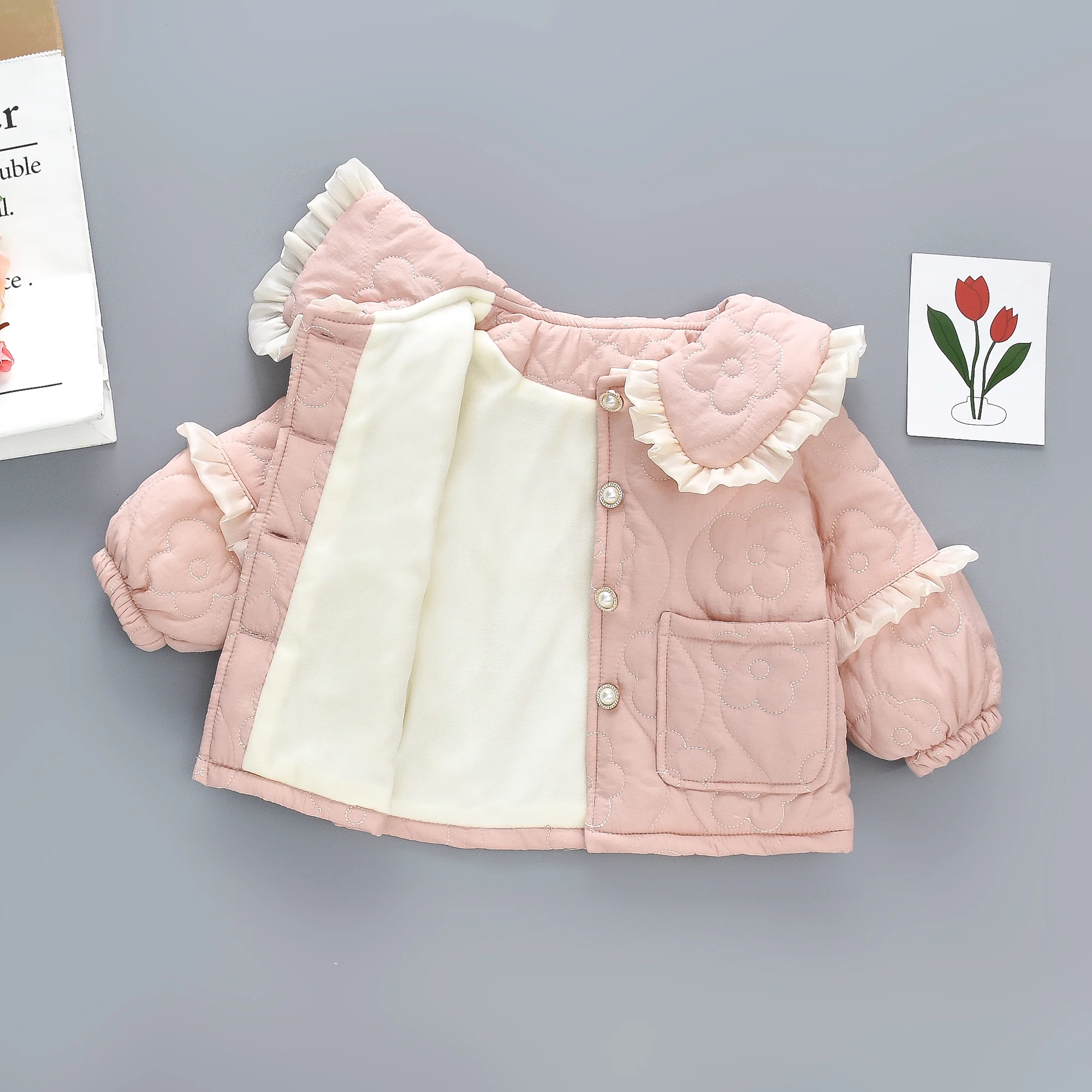 Autumn and Winter New Girls' Folded Edge Large Turnover Collar Cotton Coat for Children's Flower Yarn Plush Cotton Clothes
