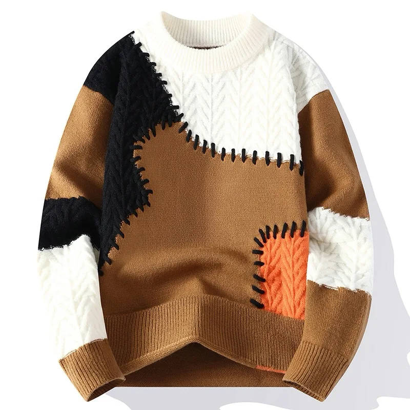 Winter Fashion Sweater Men Patchwork Casual Knit Pullovers Mens Thick Warm Harajuku Loose Knitted Sweaters O-Neck Streetwear Man 3