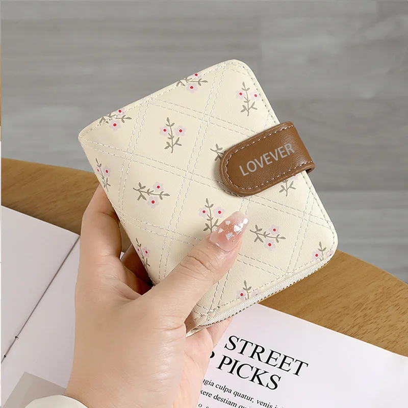 Women's short wallet printed card case button zipper coin purse compact fashion accessory