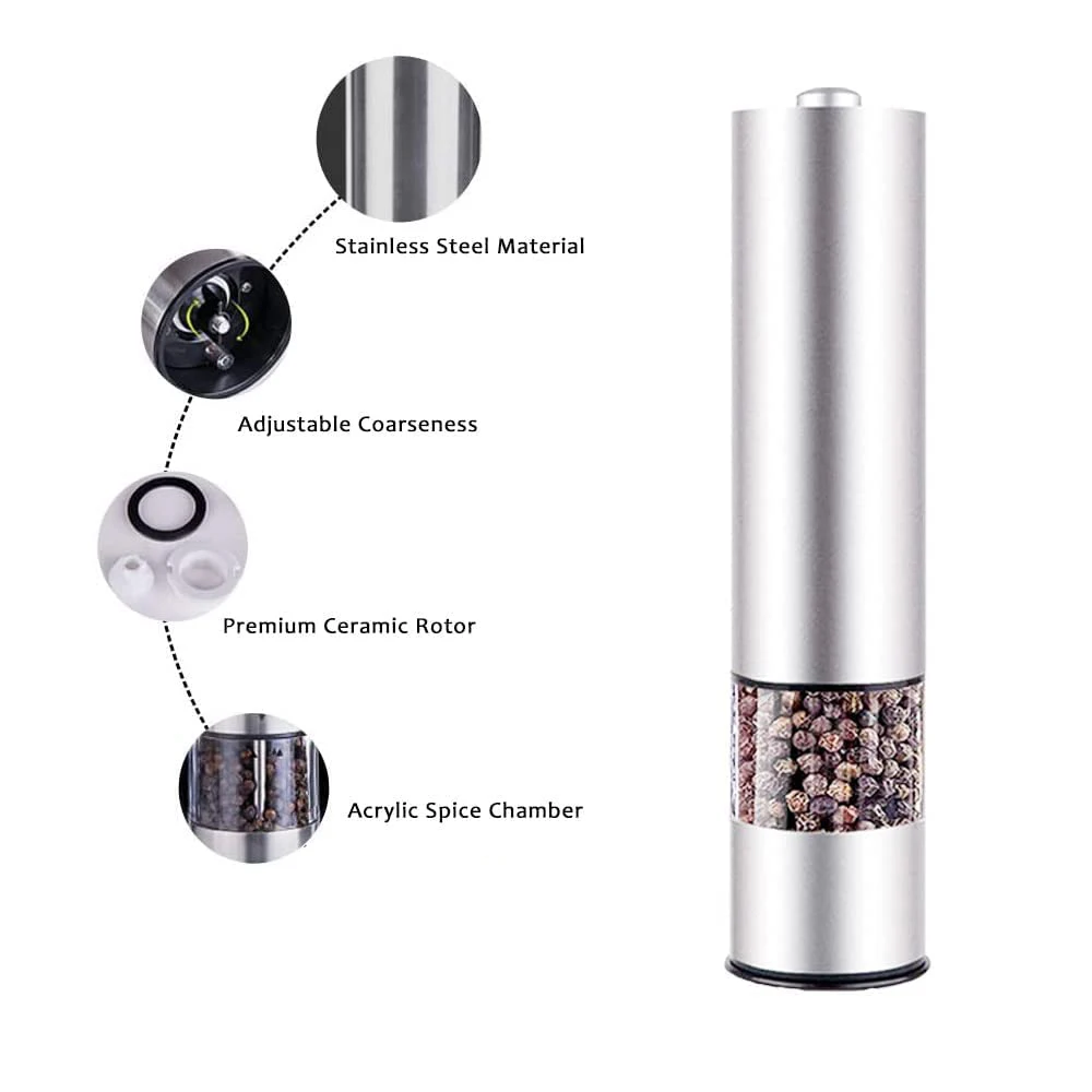 304 Stainless Steel Electric Salt and Pepper Grinder Set Battery Power Adjustable Thickness Mill with Led kitchen Grinding Tools