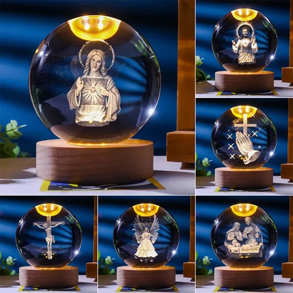 

3D светодиодный хрустальный шар, ночная лампа с деревянной основой, USB зарядка, освещенный хрустальный шар, стеклянный шар, ночная лампа для декора спальни