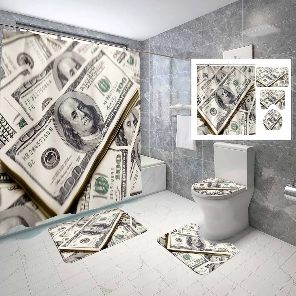 

4 PCS Dollar Shower Curtain Sets,Dollar Bill Theme Bathroom Waterproof Fabric Bath Curtain,Non-Slip Bath Mat Toilet Cover Set