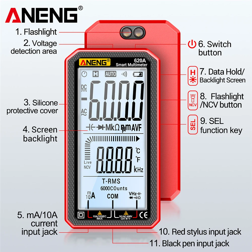 620A 6000 Counts Digital Smart Multimeter Transistor Testers True RMS Auto Electrical Capacitance Meter Temp Resistance