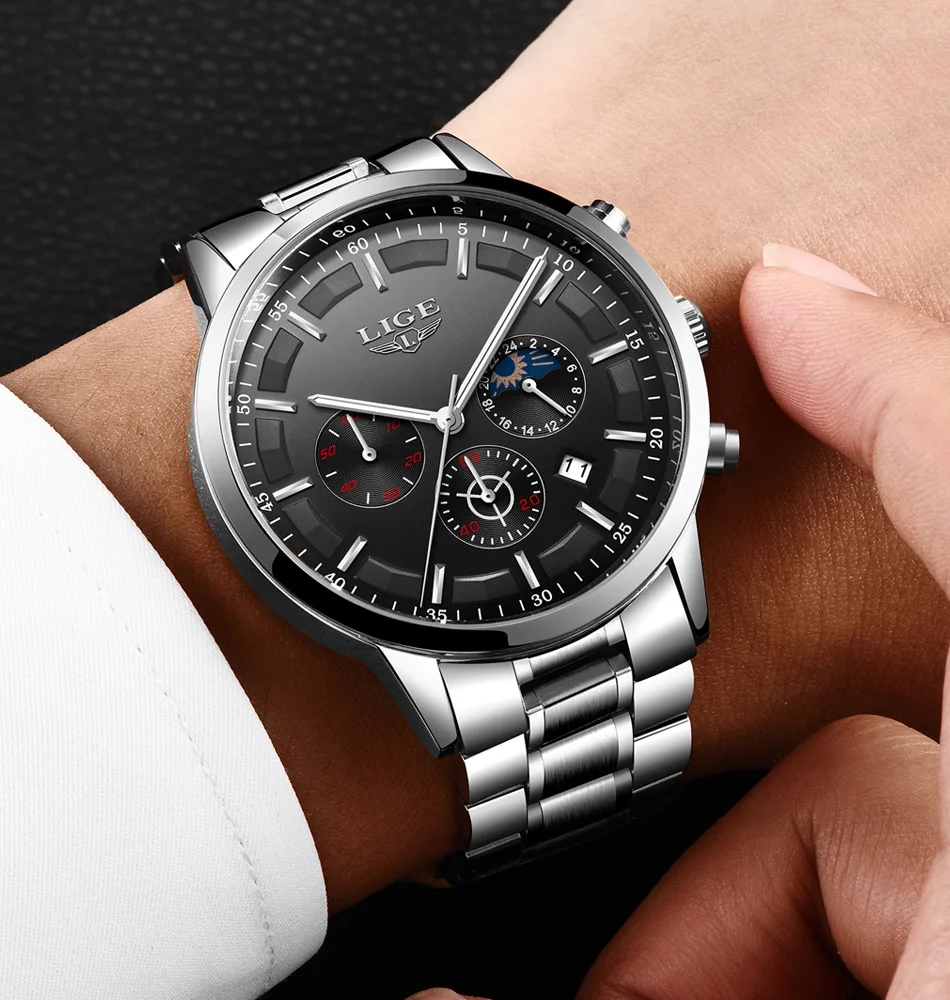 LIGE Men Watches Steel Wristwatch Sport Waterproof Chronograph Analog Quartz Watch Man Business Date Clock Luxury Watch for Men