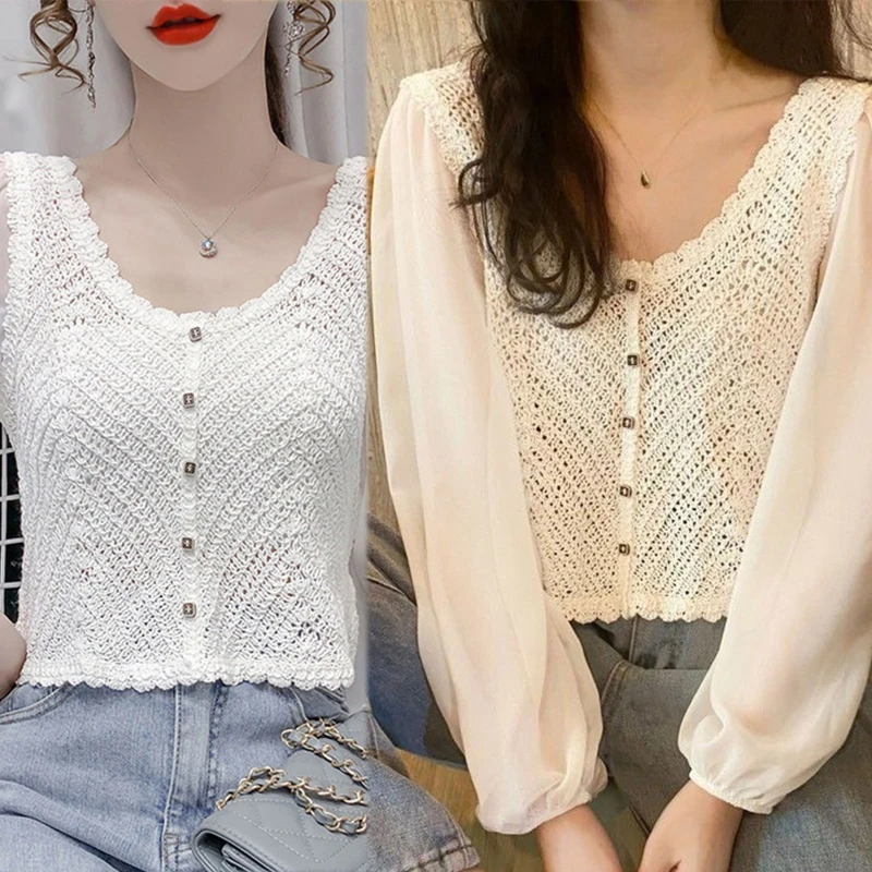 여성 쉬폰 퍼프 긴 소매 자르기 가디건 라운드 넥 버튼 크로 셰 뜨개질 블라우스