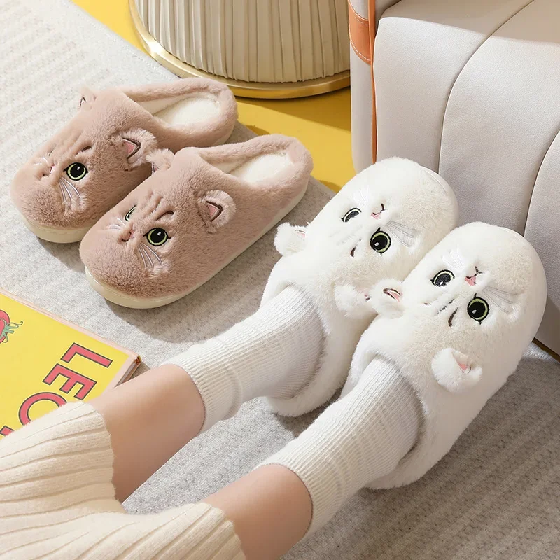 New Winter Women Lovely Cat Plush Slippers Warm Shoes Slides Cute Cartoon Cat Fuzzy Shoes Men Non-slip Home Cotton Slippers