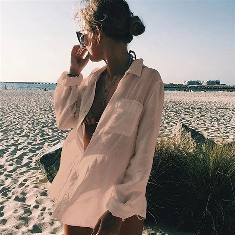 Shirt-type Beach Blouse Sexy Cardigan Sunscreen Shirt Holiday Bikini Blouse Spring and Summer Seaside Fashion Leisure Romance G1