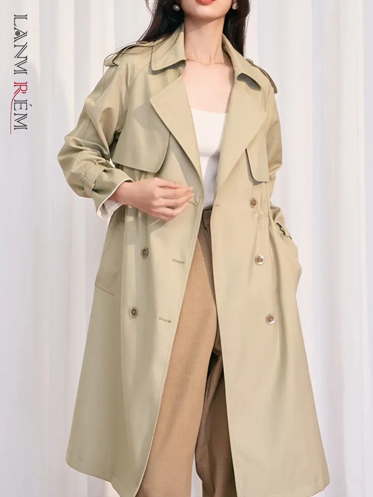 

[LANMREM] Designer Drawstring Long Trench For Women Lapel Double Breasted Gathered Waist Windbreaker 2024 Spring New 26D8536
