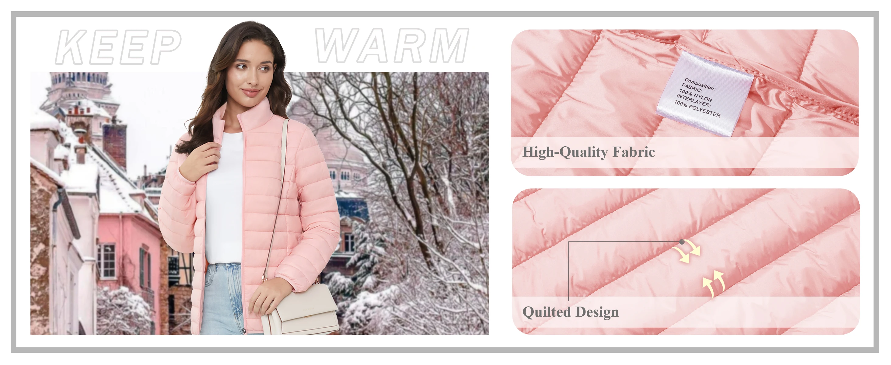 Damen-Pufferjacke mit Stehkragen, durchgehender Reißverschluss, leichte, warme Steppjacke, mehrere Taschen, gepolsterte Herbst-Winter-Outdoor-Jacke – Detail 2