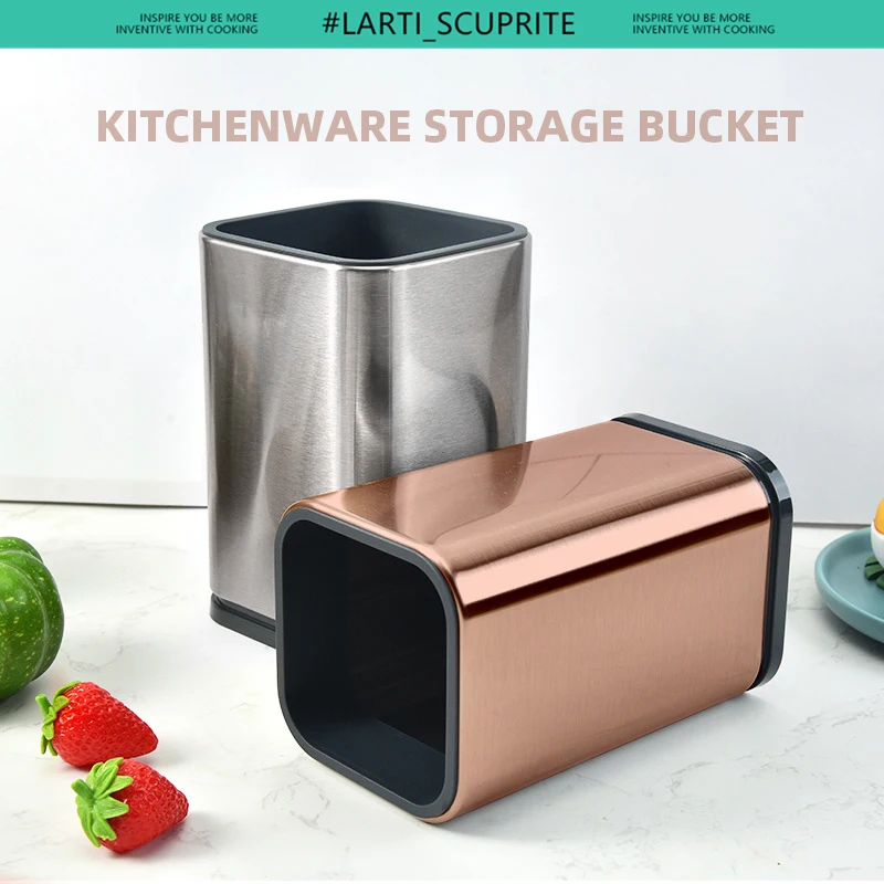 Stainless Steel Cooking Utensil Storage Bucket Kitchen Accessories Knife Spoon Spatula Drain Container Rose Gold Drying Canister kitchen utensils set