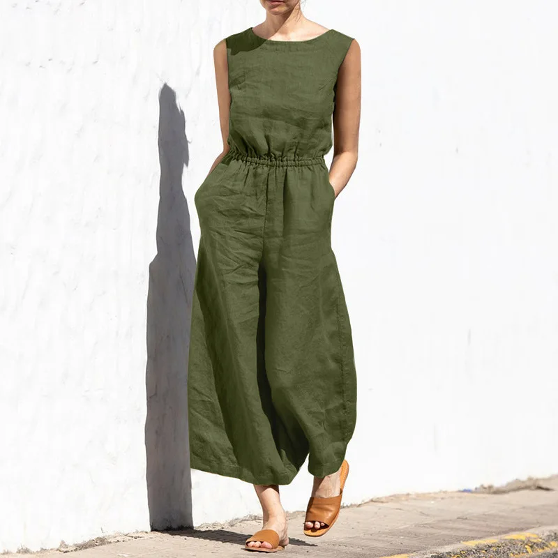 

Summer loose casual jumpsuit women fashion solid sleeveless pocket playsuit for women 2024 hight waist cotton linen rompers lady