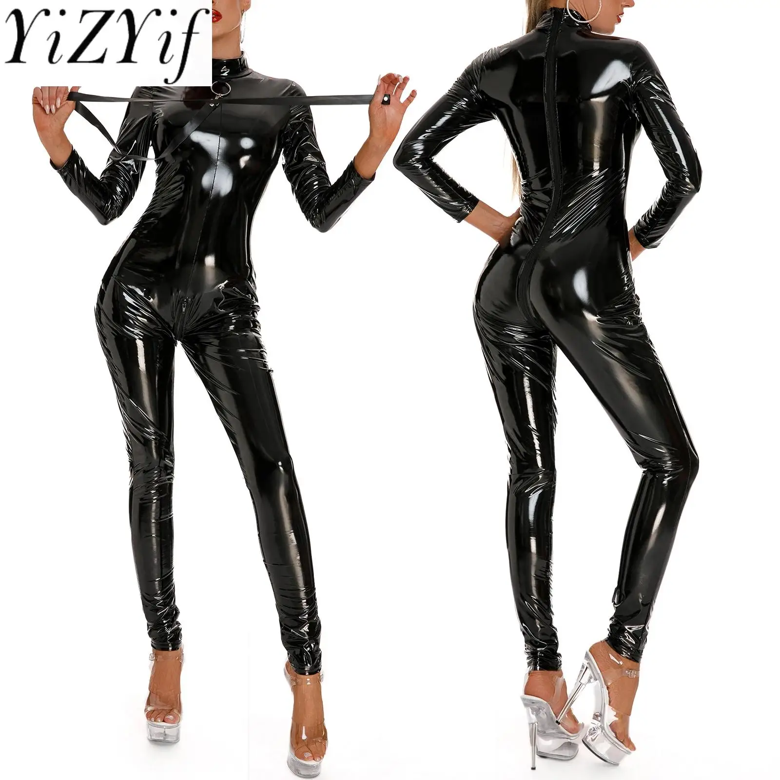 

Womens Wet Look Patent Leather Bodysuit Rave Clubwear Latex Zipper Crotch Mock Neck Long Sleeve Full Jumpsuit Catsuit with Belt