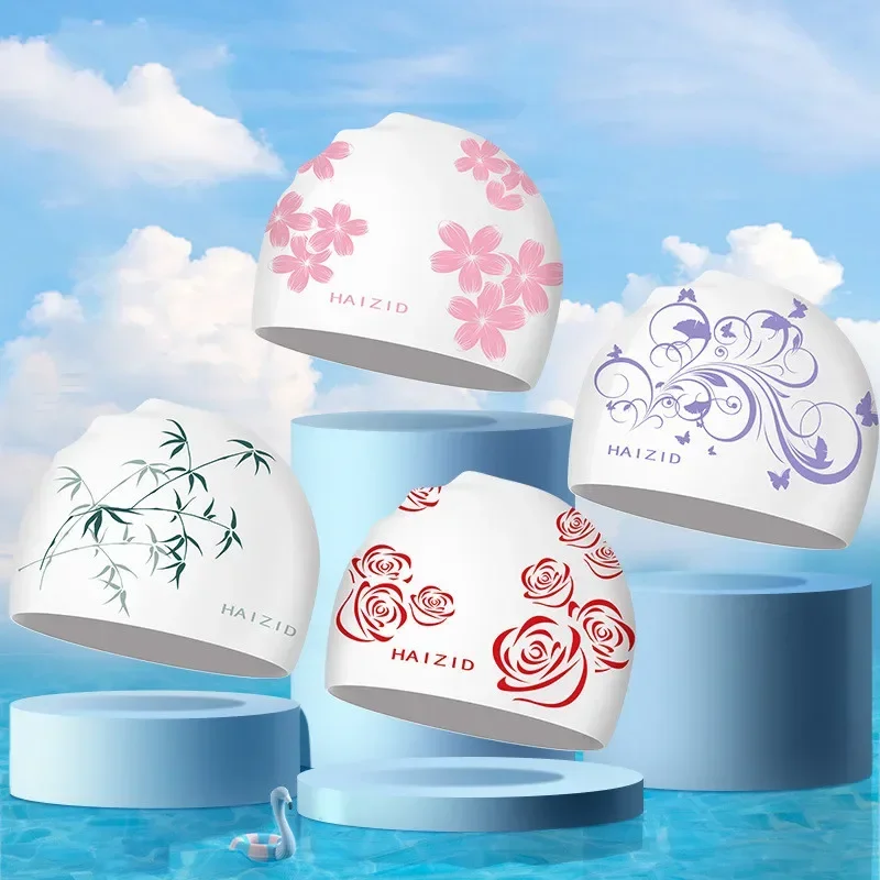 Swimming Caps for Women Large Size Long Hair Ear Protection Swim Caps Floral Printed Soft Silicone Swimming Cap Pool Accesories