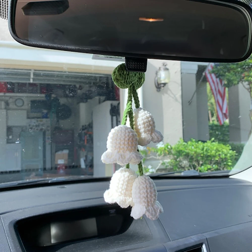 Cute Lily of the Valley Car Mirror Hanging Flower Decor Rear View Mirror  Accessories, Wind Chimes, Lily of the Valley Bag Pendant Gift 