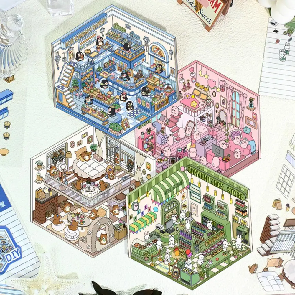 4 Sets 3D Scene Stickers Adjustable DIY Cat Cafe House Stickers Stress Relief Entertainment Decals Cabin Scene Stacking Pasting