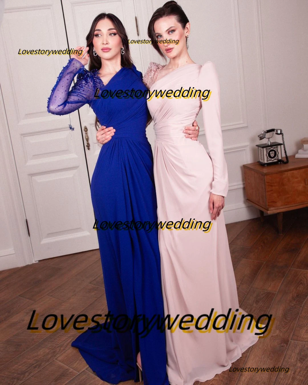 

Lovestory Vestidos Party Arabia Prom Dresses Sequins Long Sleeves Evening Dress Ruched Side Slit Wedding Guest Banquet Gowns