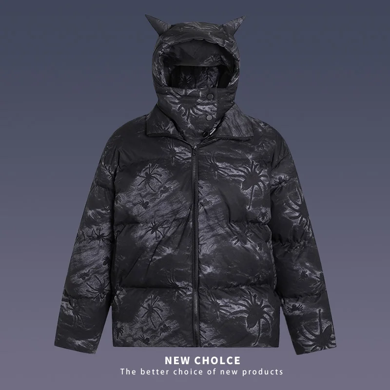 Hip Hop Men Parka High Street Retro Spider Stampato Cappello Staccabile Giacca Imbottita Calda Harajuku Puffer Bubble Winter Coat Unisex