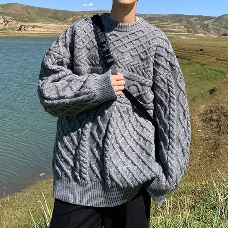 

Solid Color Loose Vintage Sweater Men Fashion Streetwear Autumn Winter Casual Male Round Neck Knitted Pullovers Korean Clothing