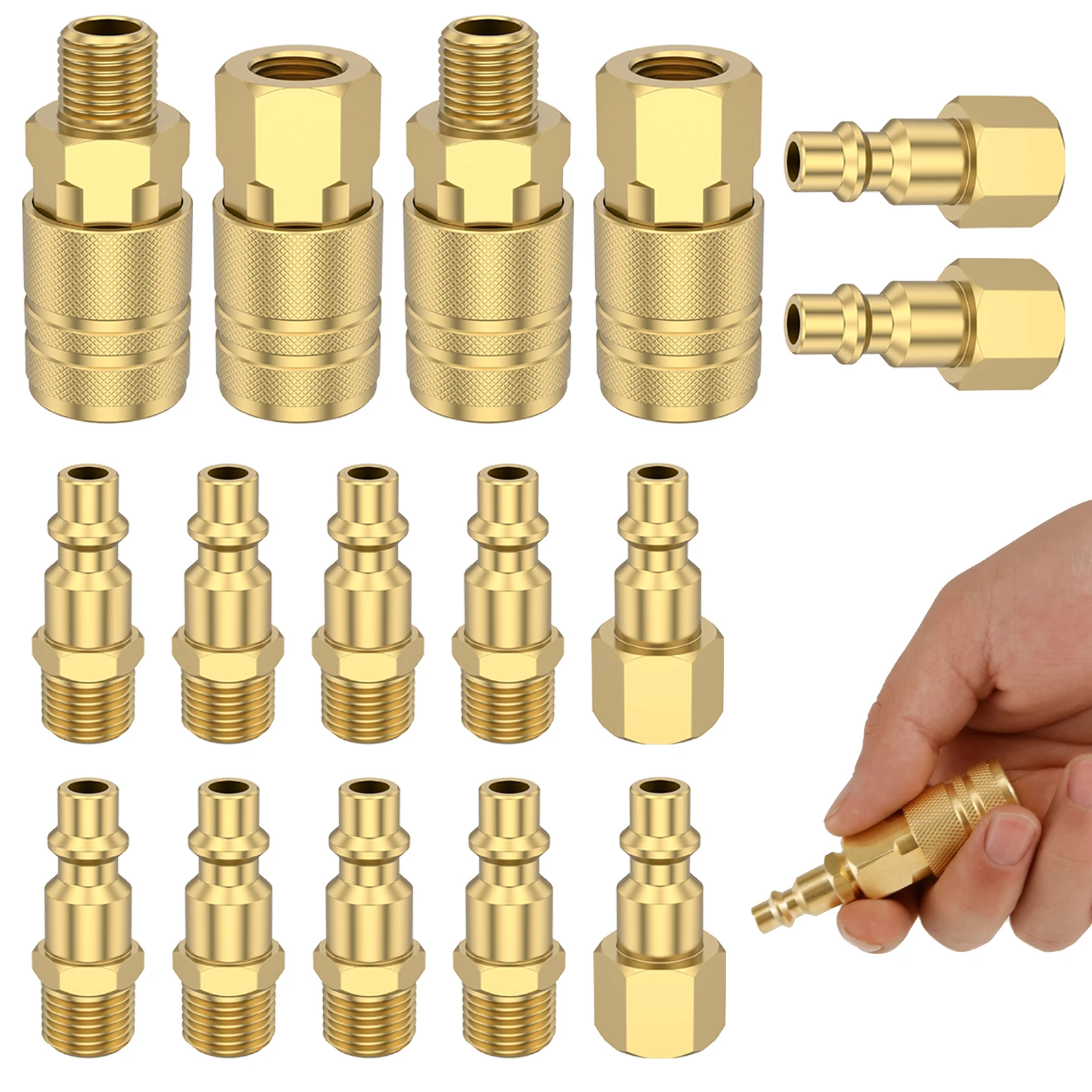 

16Pcs Air Coupler and Plug Kit Brass 1/4inch NPT Air Tool Fittings Set Quick Connect Air Fitting Set Male and Female Air Hose