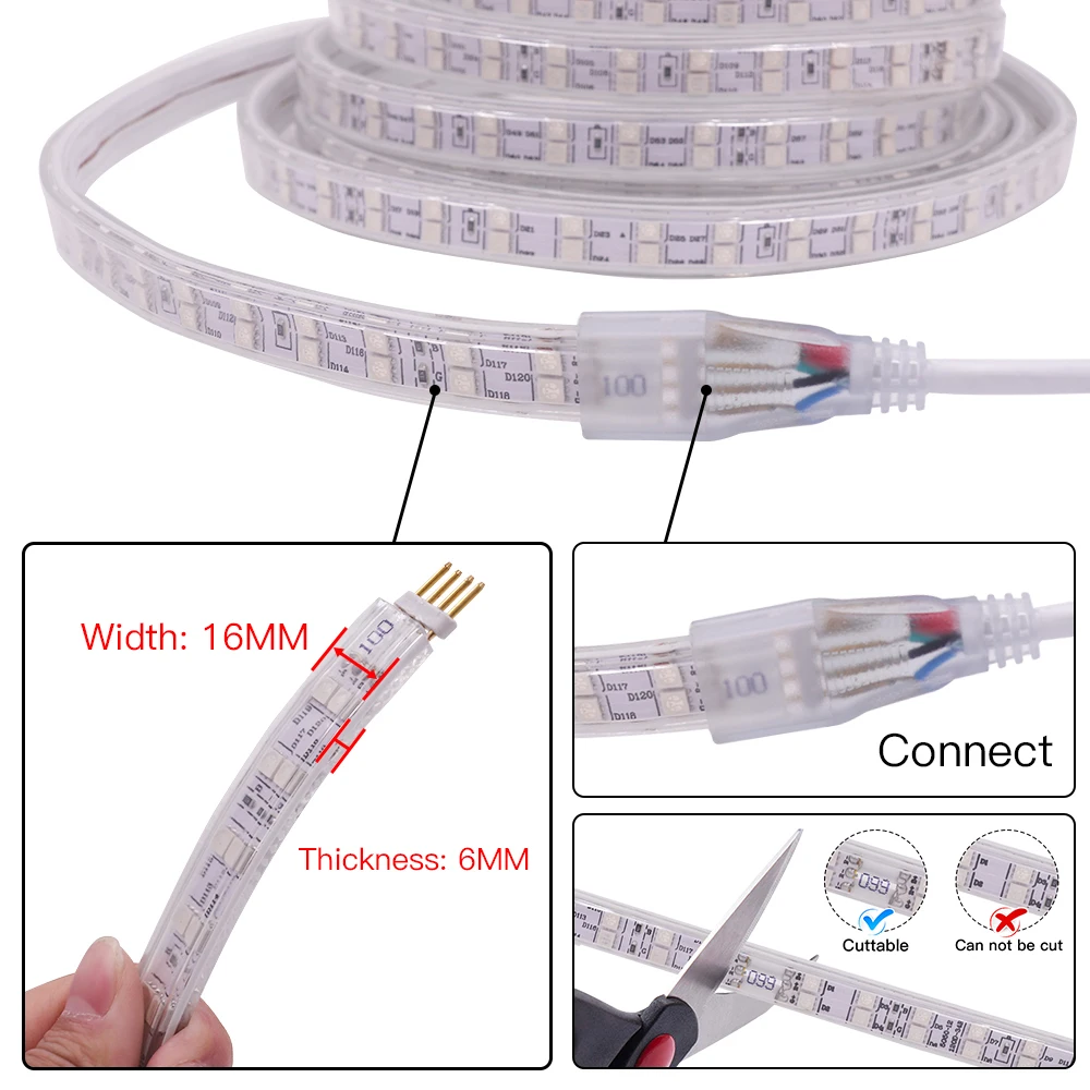 220V 디밍 가능 RGB 5050 LED 스트립 블루투스 60 120LED/M 플렉시블 리본 조명 방수 EU 40키 리모컨 키트 가정용 주방 장식