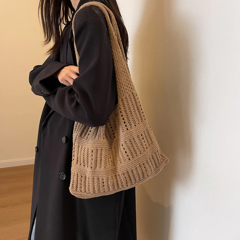 Hollow Knitted Handbags Beach Bags Lightweight Students Shoulder Shopper Tote Female Woven Underarm Bags For Women Girls