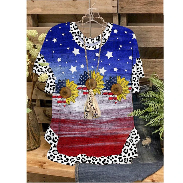 

Women Tops T-Shirts 3D Hawaii Printing Ruffled O-Neck Short Sleeves Loose Casual T-Shirts Summer Streetwear