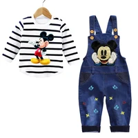 Spring 0-3 Years Baby Boy Clothes Set Baby Cartoon Mickey Minnie Long Sleeve Shirt + Jumpsuit Jeans Suits Toddler Boy Outfit 1
