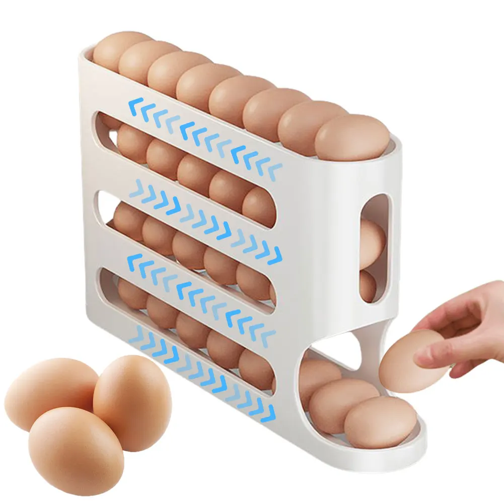 3-1pcs Household Automatic Rolling Eggs Storage Box 4 Layers Large Capacity Refrigerator Egg Preservation Rack 30 Eggs Dispenser