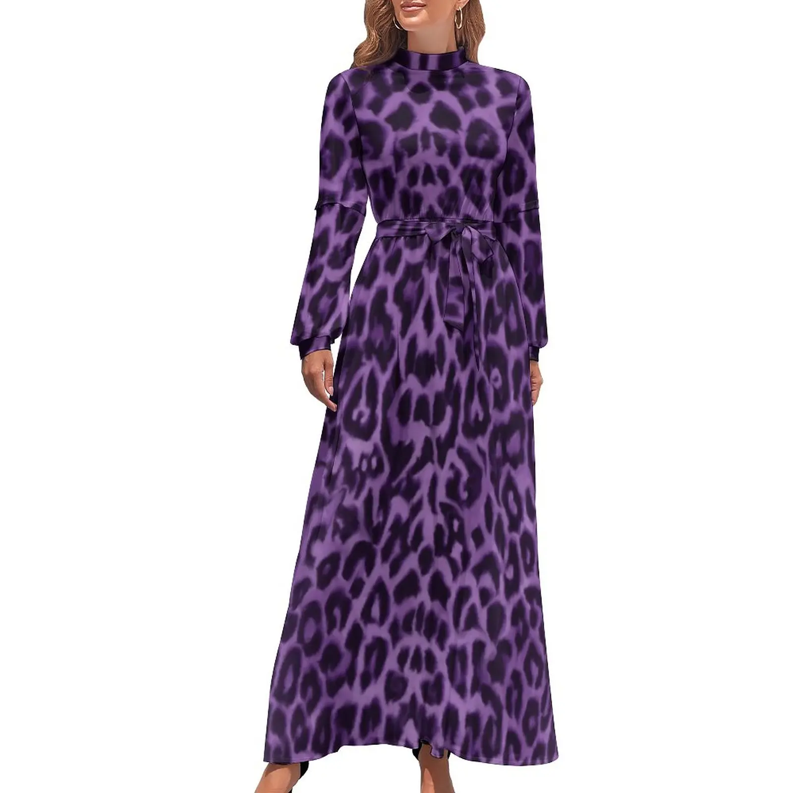 

Purple Leopard Dress Animal Print Sexy Maxi Dress Korean Fashion Boho Beach Long Dresses High Neck Printed Vestidos