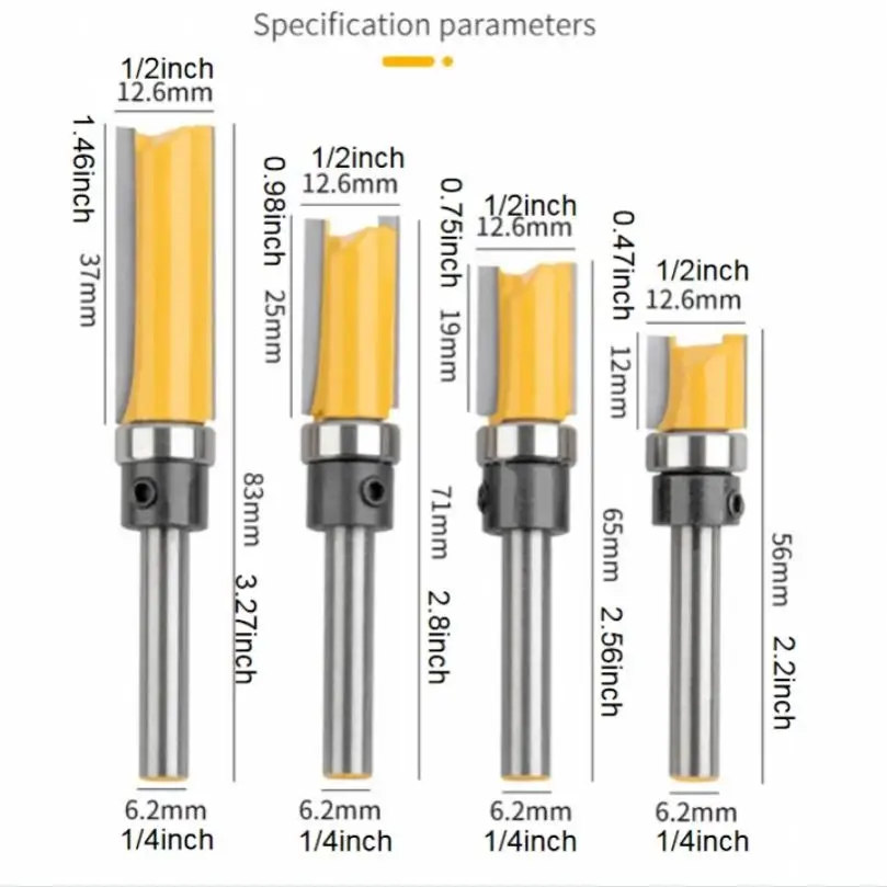 4pcs Straight Wood Milling Cutters For Woodworking Tool 1/4 Inch Shank Lengthened Trimming Cutter Prevent Tearing