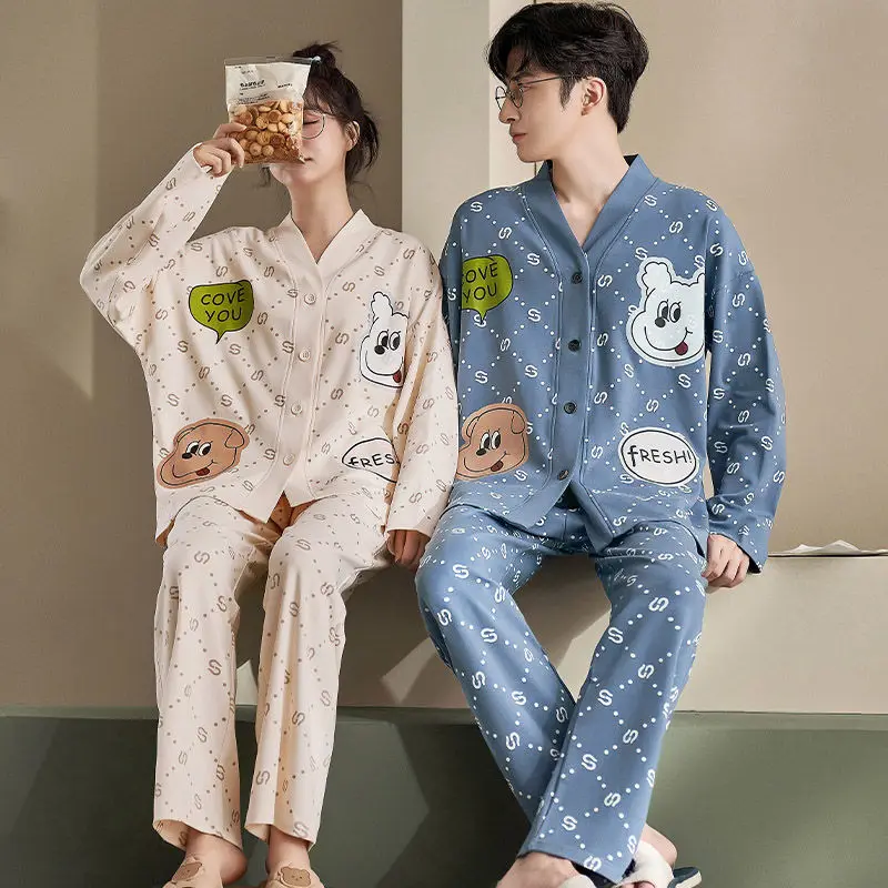 커플 잠옷 100% 면 2023, 여성 잠옷, 가을과 봄 v넥 버튼 가디건, 라운지웨어, 여성 및 남성 잠옷