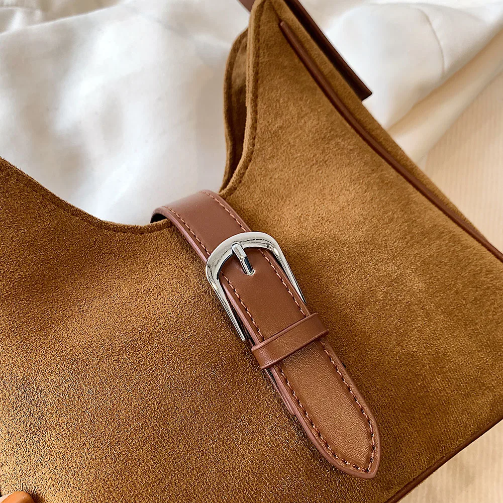 Women Suede Shoulder Bag Adjustable Strap Handbag with Zipper Solid Tote Bag for Work Travel