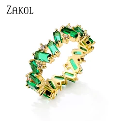 ZAKOL Fashion Luxury Multicolor Charm AAA Baguette Cubic Zirconia Wedding Rings for Women T Shape Stone Party Jewelry RP5083
