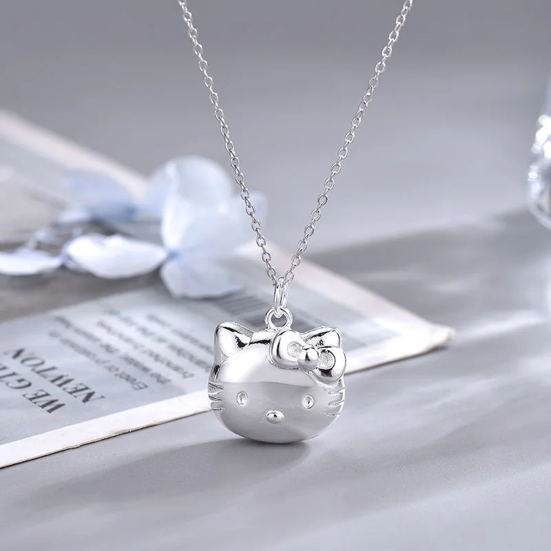 Sanrio Hello Kitty Halskette Anime Anhänger Doppelring Silber Schlüsselbein  Kette Diamant Freundin Charms Geklammerte Kette Schmuck Geschenk