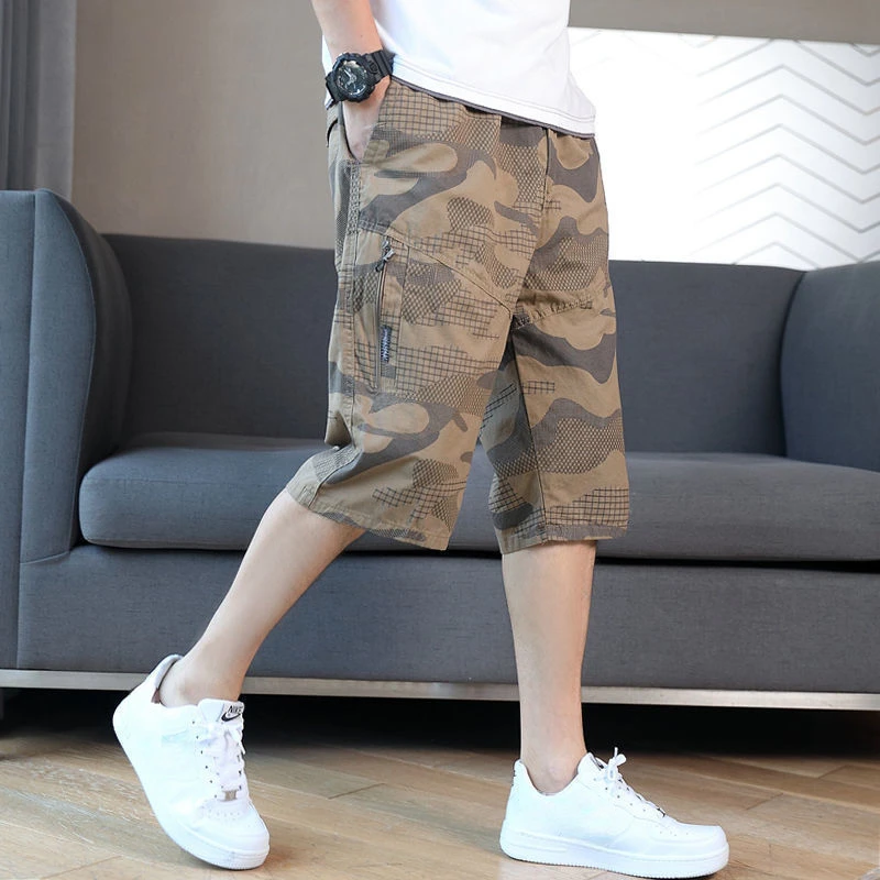thumbnail image 1 of Pantalones cortos cargo con bolsillos para hombre, bermudas largas con media cremallera para hombre, pantalones cortos de camuflaje de nailon negro, holgados, de lujo, estilo Harajuku, 1 of 5