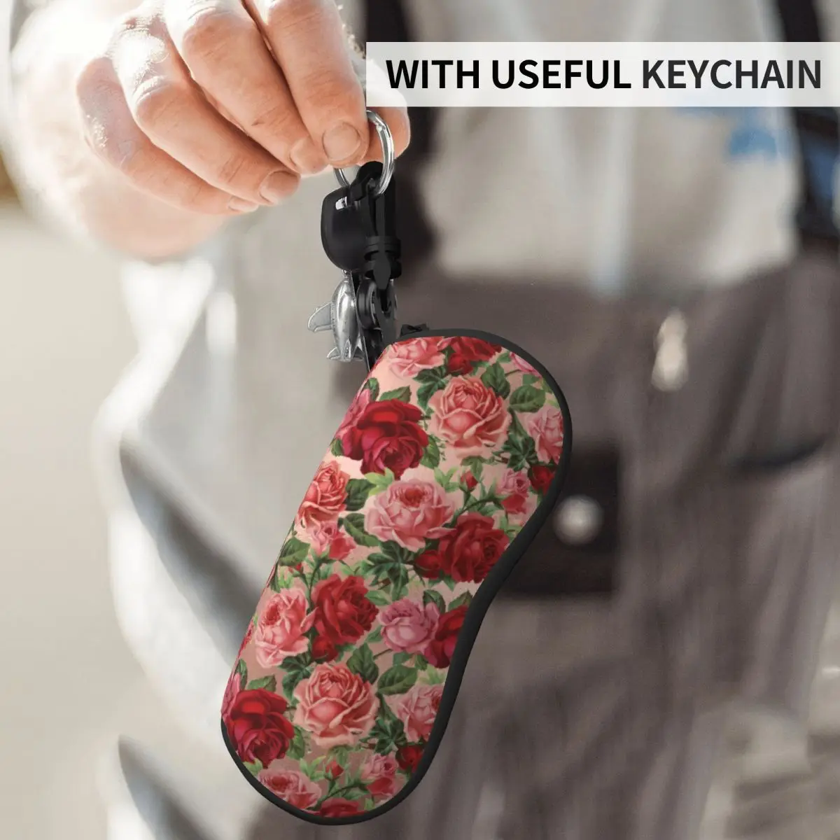 Vintage Floral Print Vertical Glasses Case Elegant Red Roses Pocket