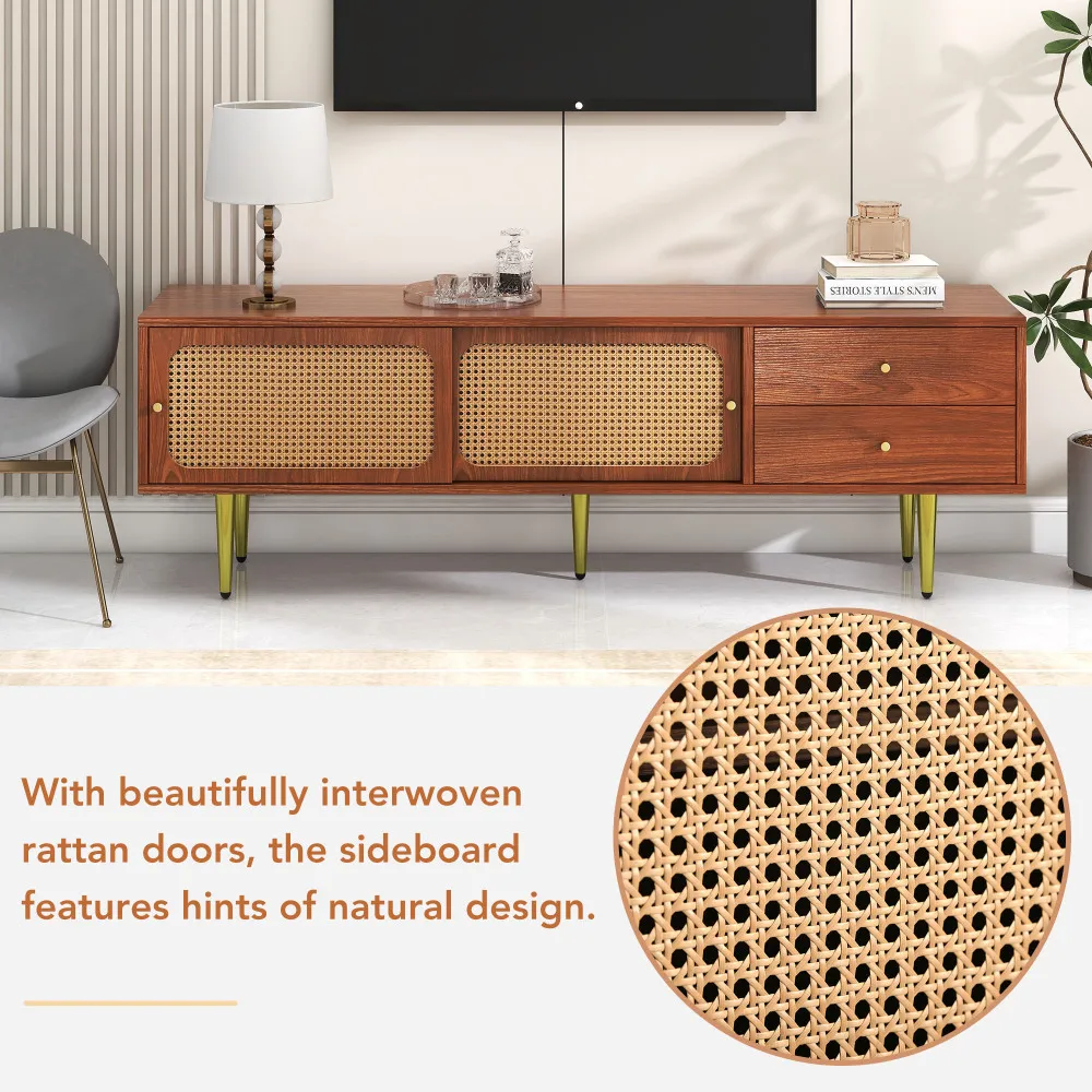 Stilvoller TV-Ständer mit Rattan-Schiebetüren und praktischen Schubladen, Walnussbaum mit dunklem Kunststoffrattan, 2 Rattan-Schiebetüren – Detail 2