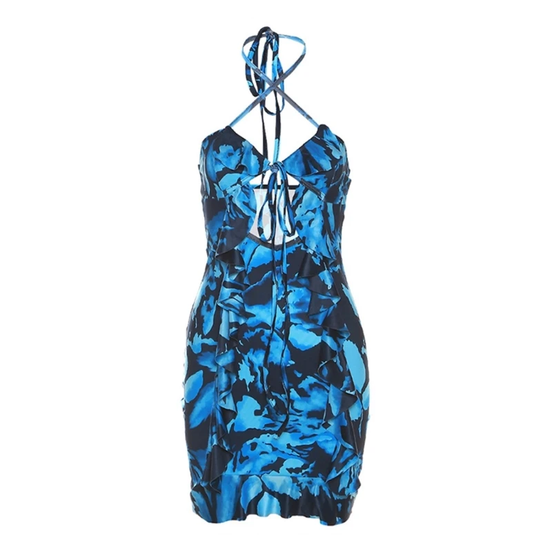 

Halter Ruffle Sleeveless Mini Dress Sexy Cut Out Short Dresses Womens Y2K Dress N2UE