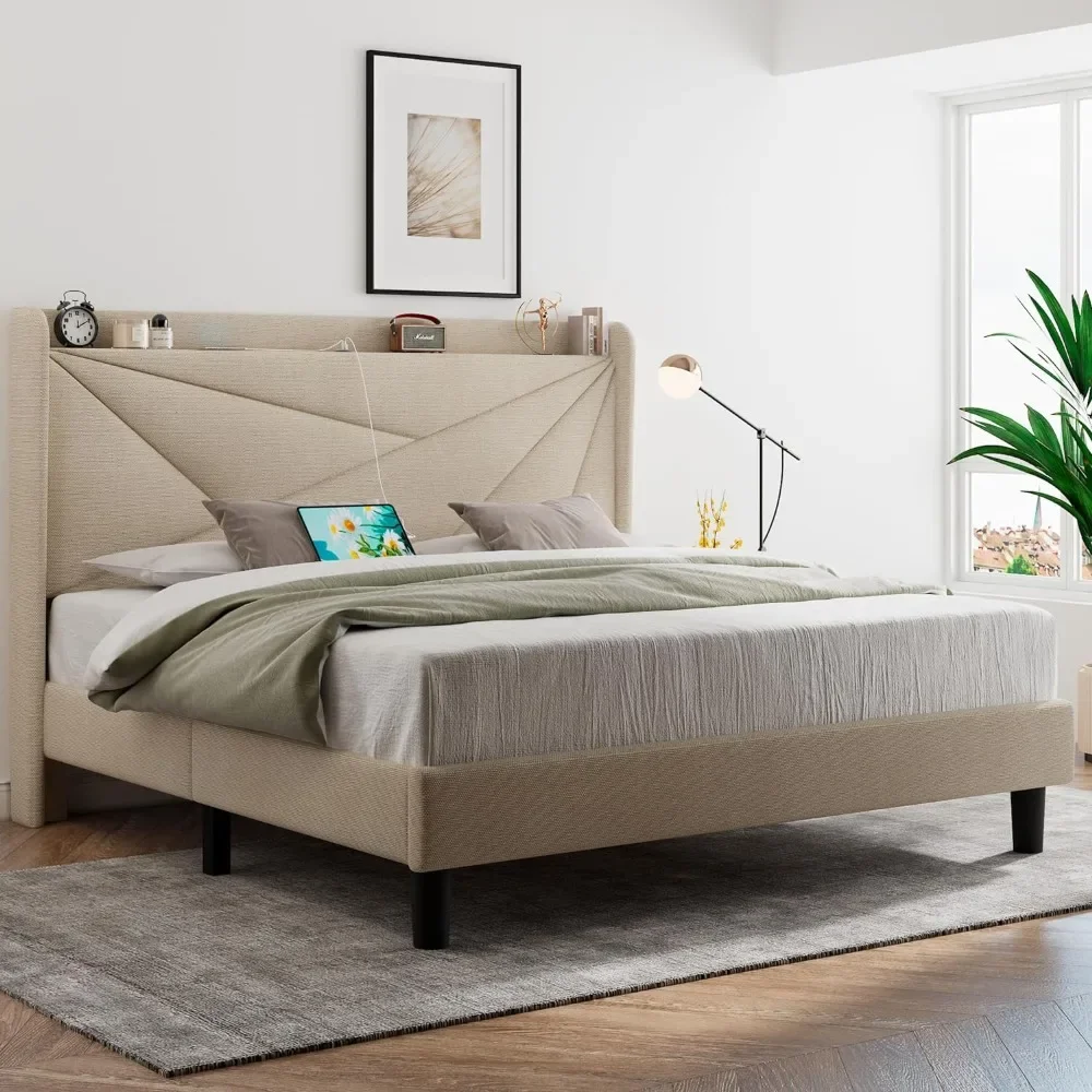 thumbnail image 2 of King Size Upholstered Bed Frame With Wingback Headboard - USB/Type-C Charging, LED Lights, No Box Spring Needed 2 of 14