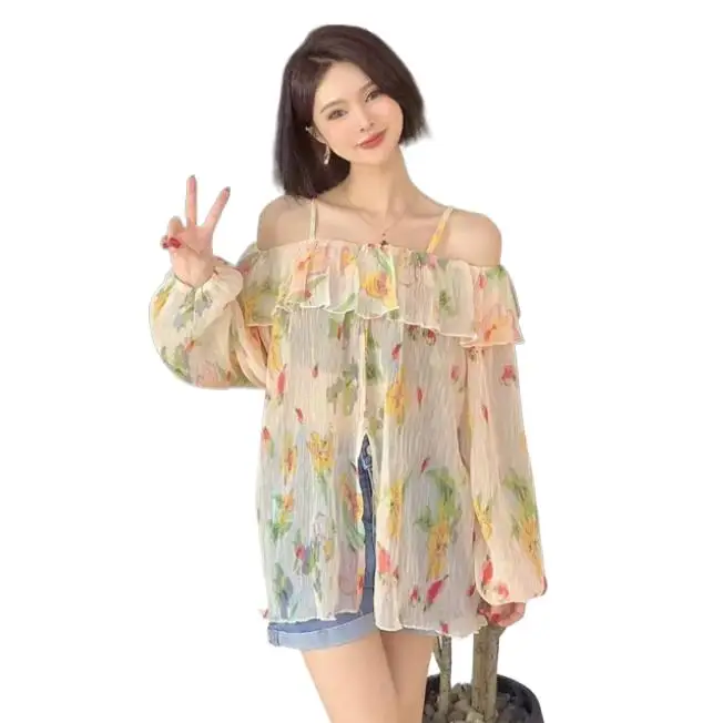 

Spring New Chiffon Girlish Sweet Lotus Collar Tops Butterfly Sleeves Floral Printed Korean Style Gentle Temperament Blouses