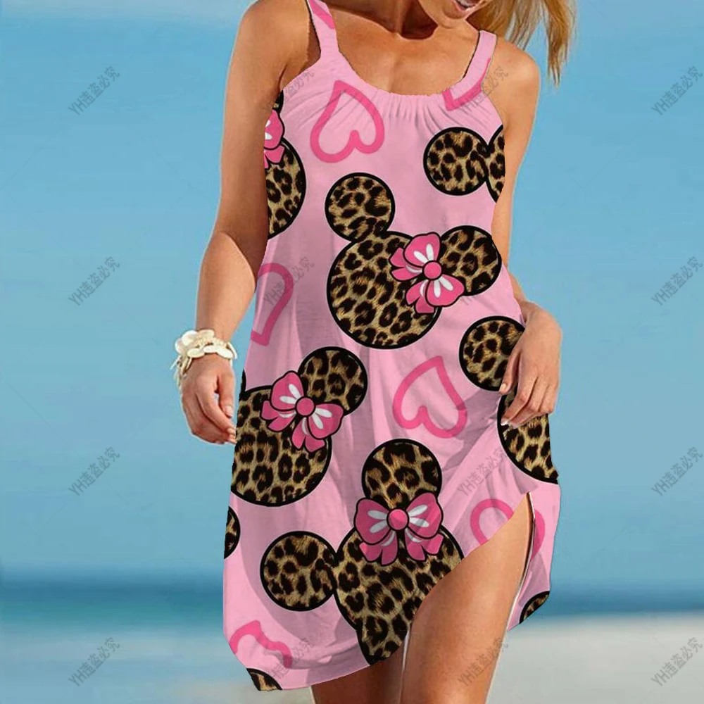 

Disney Minnie Leopard Print Dress Women's Fashion Summer Strap Beach Dress Bohemian Sleeveless Party Dresses Elegant Sundress