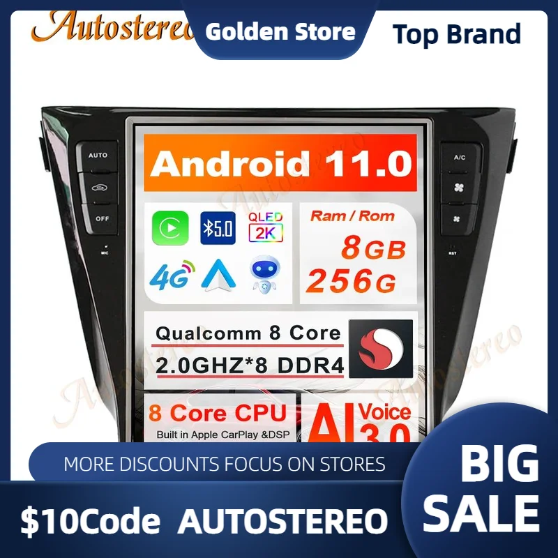 

Vertical Screen Android 11 8+128 For Nissan Qashqai 2013-2020 Tesla Style Car GPS Navigation Head Unit Multimedia Player 4G SIM