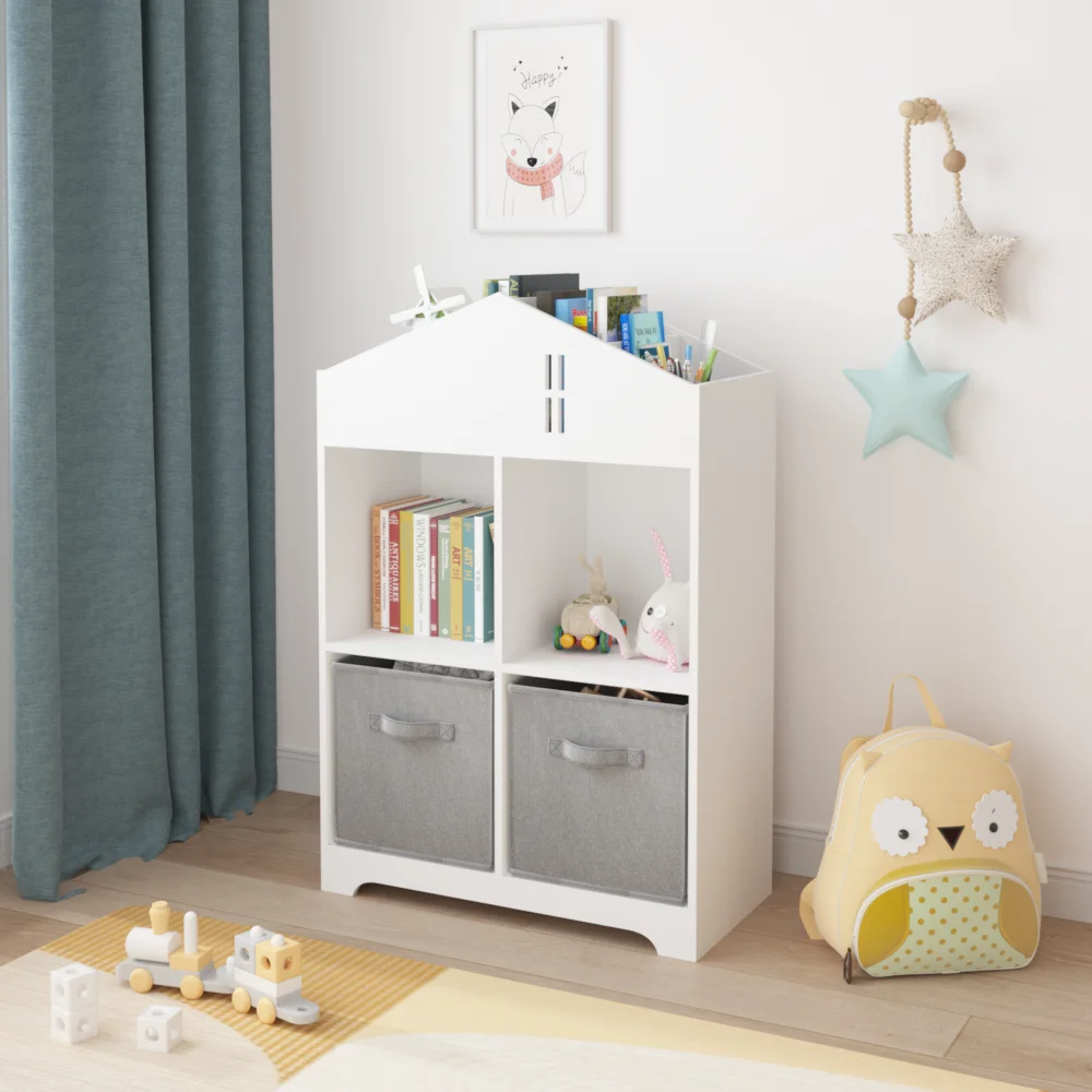 Kids Dollhouse Bookcase with Storage, 2-Tier Storage Display Organizer, Toddler Bookshelf with 2 Collapsible Fabric Drawers 6