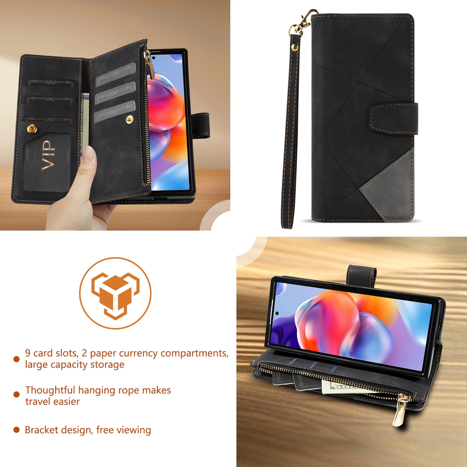 Premium Business Flip Leather Case with Card Holder and Lanyard - Wallet Bag Cover